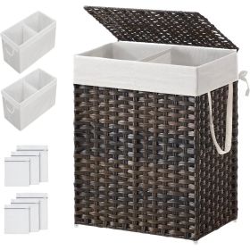 Brown PP Rattan 24-Gal Laundry Hamper Basket with 2-Compartment Washable Liner Bag