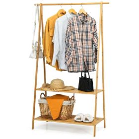 Entryway Bedroom Wood Garment Clothes Hanging Rack with 2 Bottom Storage Shelves