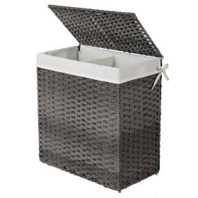 Grey PP Rattan 29-Gal Laundry Hamper Basket with 2-Compartment Washable Liner Bag