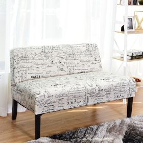 Modern Loveseat Sofa: Off-White Cursive Pattern & Black Legs