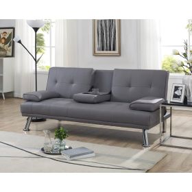 Modern Futon Sleep Sofa Bed Couch in Grey Faux Leather with Cup Holder